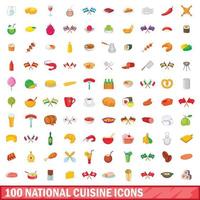 100 nationale keuken iconen set, cartoon stijl vector