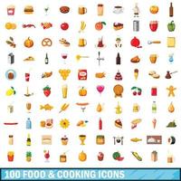 100 eten en koken iconen set, cartoon stijl vector