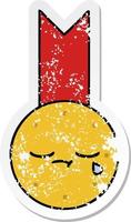 verontruste sticker van een leuke cartoon gouden medaille vector