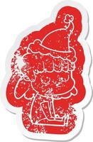 cartoon noodlijdende sticker van een onverschillige vrouw met een kerstmuts vector
