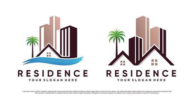 residentie logo ontwerpsjabloon met modern concept en blad element premium vector