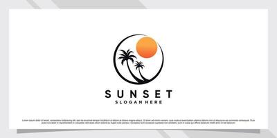 zonsondergang logo ontwerpsjabloon met palmboom en creatief element premium vector