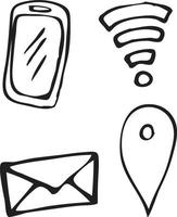 hand getrokken zwarte doodles slimme telefoon, wifi, locatie en envelop of bericht icon set. vector