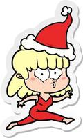 sticker cartoon van een rennende vrouw met een kerstmuts vector