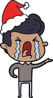 lijntekening van een huilende man met een kerstmuts vector
