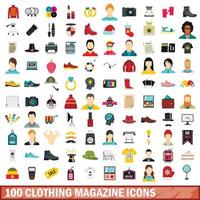 100 kleding tijdschrift iconen set, vlakke stijl vector