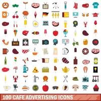 100 café reclame iconen set, vlakke stijl vector