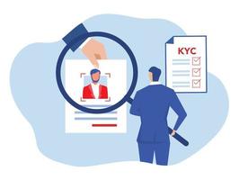 kyc of ken uw klant met bedrijf en verifieer de identiteit van het concept van zijn klanten bij de toekomstige partners door middel van een vergrootglas vectorillustrator vector