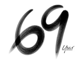 69 jaar verjaardag viering vector sjabloon, 69 jaar logo ontwerp, 69e verjaardag, zwarte belettering nummers borstel tekening hand getrokken schets, nummer logo ontwerp vectorillustratie