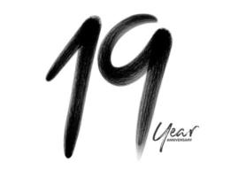 19 jaar verjaardag viering vector sjabloon, 19 jaar logo ontwerp, 19e verjaardag, zwarte belettering nummers borstel tekening hand getrokken schets, nummer logo ontwerp vectorillustratie