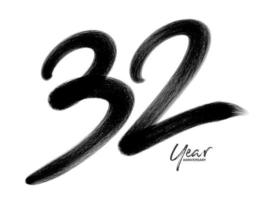 32 jaar verjaardag viering vector sjabloon, 32 jaar logo ontwerp, 32e verjaardag, zwarte belettering nummers borstel tekening hand getrokken schets, nummer logo ontwerp vectorillustratie