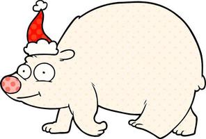 stripboekstijlillustratie van een wandelende ijsbeer die een kerstmuts draagt vector