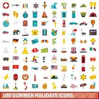 100 zomervakantie iconen set, vlakke stijl vector