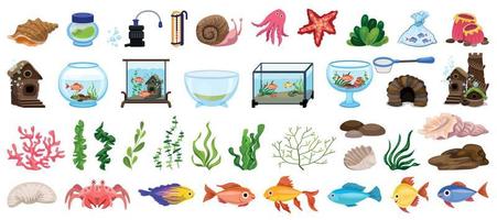 aquarium iconen set, cartoon stijl vector