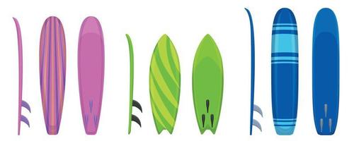 surfplank iconen set, cartoon stijl vector