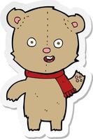 sticker van een cartoon zwaaiende teddybeer met sjaal vector