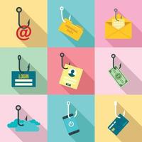 phishing icon set, vlakke stijl vector