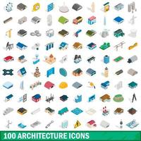 100 architectuur iconen set, isometrische 3D-stijl vector