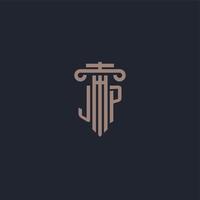 jp initieel logo-monogram met ontwerp in pilaarstijl voor advocatenkantoor en justitiebedrijf vector