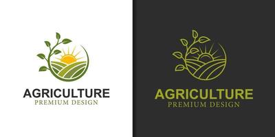 eco groene boerderij cirkel plant logo. landbouw boer tuin met zon natuur lineaire logo vector ontwerpsjabloon