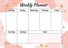 creatieve weekplanner met gouden glitters op roze penseelstreekachtergrond. stijlvolle mode-organisator en schema. planner sjabloon voor afdrukken, bruiloft, school. vectorillustratie. vector