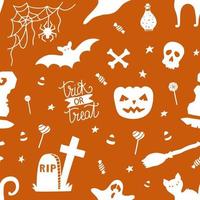 hand getekende naadloze patroon voor halloween met pompoen, snoep, spook, spin, vleermuis, heks hoed, kat, schedel, botten. doodle afdrukken. vectorbehang. vector