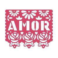 papieren wenskaart met uitgesneden bloemen en tekst amor. papel picado vector sjabloonontwerp geïsoleerd op een witte achtergrond. traditionele Mexicaanse papieren slinger.