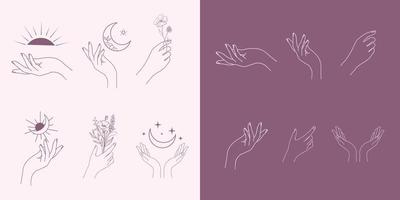 een set vrouwenhandpictogramcollecties in een minimale lineaire stijl. vector logo ontwerpsjablonen met verschillende handgebaren, kristal. voor cosmetica, schoonheid, tatoeage, spa, vrouwelijk, juwelier.
