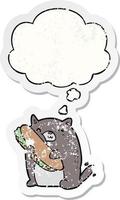 cartoon kat met sandwich en gedachte bel als een verontruste versleten sticker vector