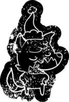 vriendelijke cartoon noodlijdende icoon van een vos met kerstmuts vector