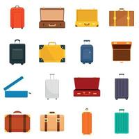 koffer reisbagage tas iconen set, vlakke stijl vector