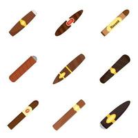 sigaar Cubaanse papier onkruid iconen set, vlakke stijl vector