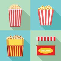 popcorn bioscoop doos gestreepte iconen set, vlakke stijl vector