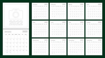eenvoudige wandkalender 2022 jaar met stippellijnen. de kalender is in het Engels, week start vanaf zondag.
