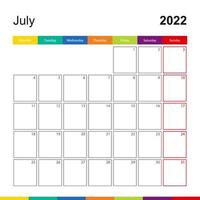 juli 2022 kleurrijke wandkalender, week begint op maandag. vector