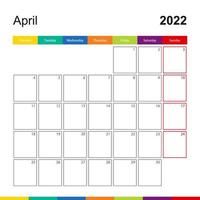 april 2022 kleurrijke wandkalender, week begint op maandag. vector