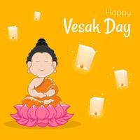 vesak-dagbanner met schattige boeddha- en lotusbloemblaadjes en lampion op gradiënt vectorontwerp als achtergrond. vesak dag traditionele cultuur evenement illustratie vector ontwerp