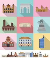 Milaan Italië stad skyline iconen set, vlakke stijl vector