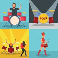 drummer drum rock muzikant iconen set, vlakke stijl vector