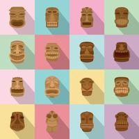 tiki idool Azteekse hawaii gezicht iconen set, vlakke stijl vector