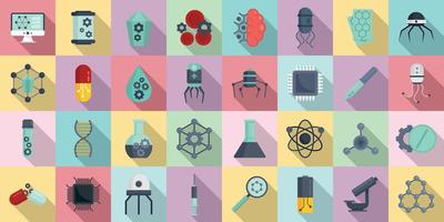nanotechnologie iconen set, vlakke stijl vector