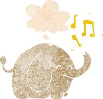 cartoon trompetterende olifant en gedachte bel in retro getextureerde stijl