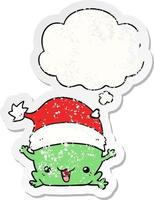 schattige cartoon kerstkikker en gedachte bel als een versleten versleten sticker vector