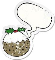 cartoon kerstpudding en tekstballon noodlijdende sticker vector