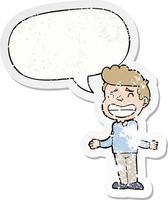 cartoon jongen schouderophalend en toespraak bubble verontruste sticker vector