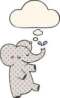 cartoon dansende olifant en gedachte bel in stripboekstijl vector
