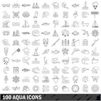 100 aqua iconen set, Kaderstijl vector