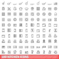 100 keuken iconen set, Kaderstijl vector