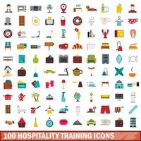 100 gastvrijheid opleiding iconen set, vlakke stijl vector