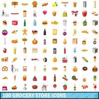 100 supermarkt iconen set, cartoon stijl vector